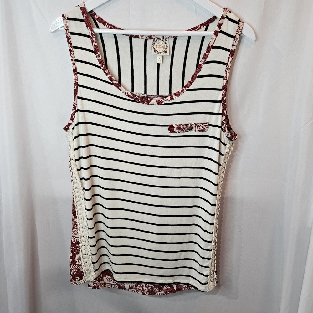 TRUSELF Womens Mixed Print Tank Top Multicolor Crochet Trim Sz L Americana Boho